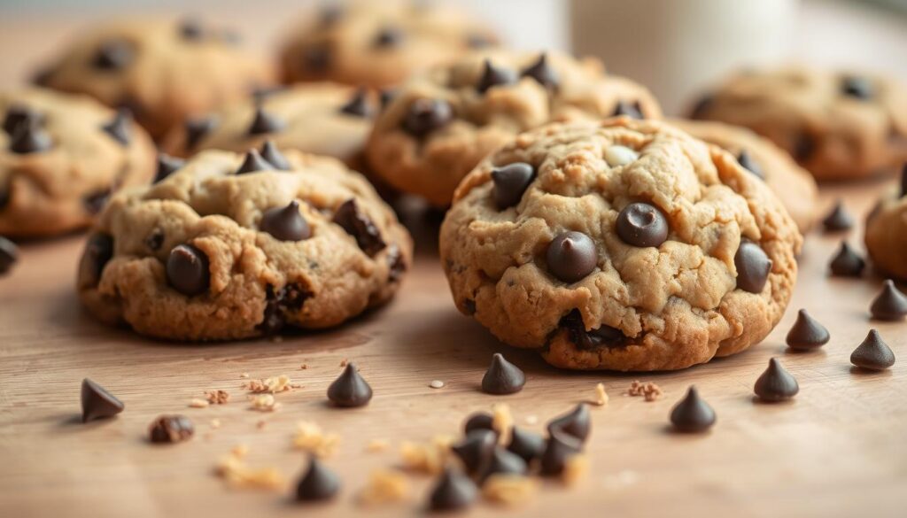 Freshly baked Laurel Recipes vegan chocolate chip cookies, arranged on a wooden table. Close-up view, with soft, warm lighting highlighting the rich, gooey texture of the cookies. Crumbs and a few scattered chocolate chips in the foreground, creating a homemade, artisanal feel. Soft, diffused background, allowing the cookies to be the focal point. Evoke a cozy, inviting atmosphere, capturing the essence of a delightful vegan treat.
